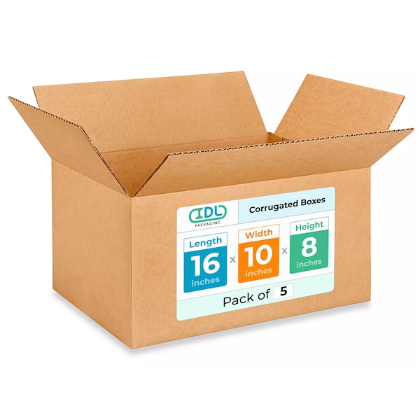 Idl Packaging 16 in x 10 in x 8 in Shipping Box, Kraft, Corrugate, Single Wall, 200#, 5 PK B-16108-5 - main